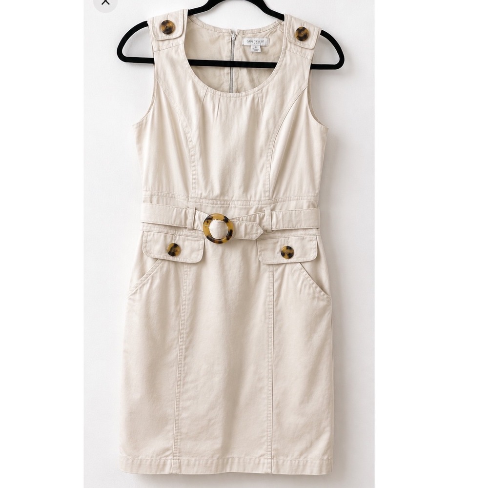 White House‎ Black Market Cream Belted Sheath Dress Tortoise Buckle